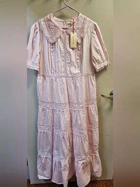 Solitaire Pale Pink Cotton Lace Tiered Embroidery Maxi Dress. Boho, Cottage
